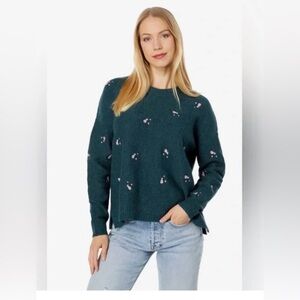 Madewell Dark Teal Crewneck Sweater with Pink Floral Accents Merino wool